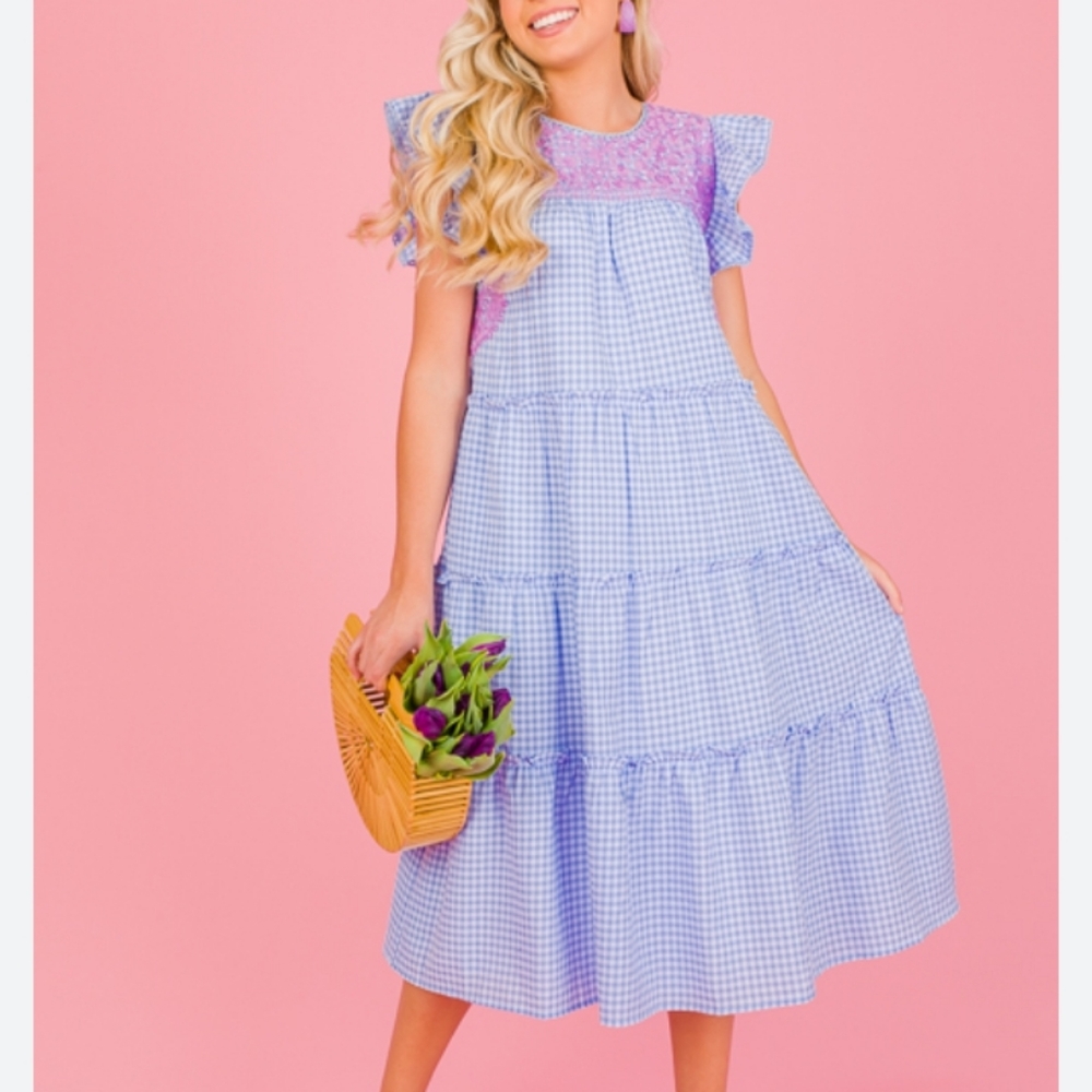 J. Marie Kayla Tiered Midi Dress Purple Gingham Embroidery S - Picture 10 of 12